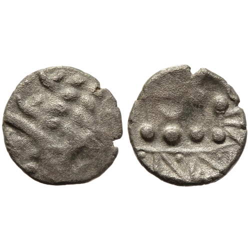 159 - Durotriges silver stater. Cranborne Chase, spread tail type. Wreath, cloak and crescents. R. Disjoin... 