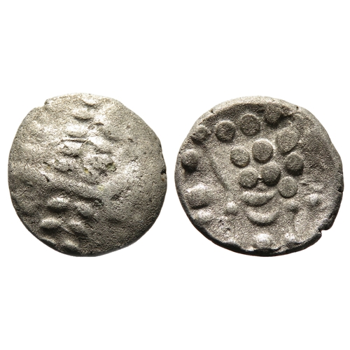 160 - Durotriges silver stater. Cranborne Chase type. Wreath, cloak and crescents. R. Disjointed horse lef... 