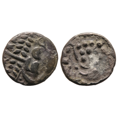 161 - Durotriges silver stater. Cranborne Chase type. Wreath, cloak and crescents. R. Disjointed horse lef... 