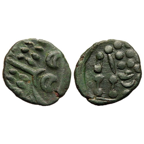 163 - Durotriges bronze/billon stater. Cranborne Chase type. Wreath, cloak and crescents. R. Disjointed ho... 