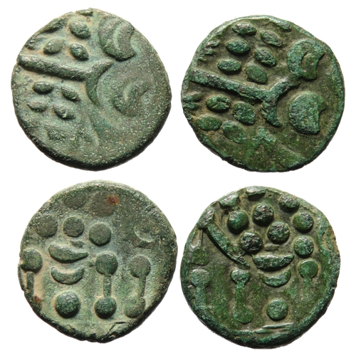 165 - Durotriges bronze/billon staters (2). Cranborne Chase type. Wreath, cloak and crescents. R. Disjoint... 