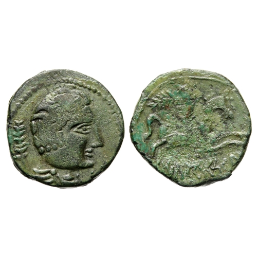 144 - IBERIA, Iltirkesken. Circa 100-50 BC. AE Unit. Obv: Draped male bust right; palm frond behind. Rev: ... 