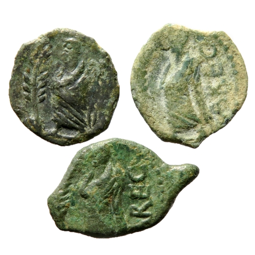 138 - GAUL, Volcae-Arecomici bronze units (3) DEMOS type. Obv: Head of Artemis right. Rev: Demos standing ... 