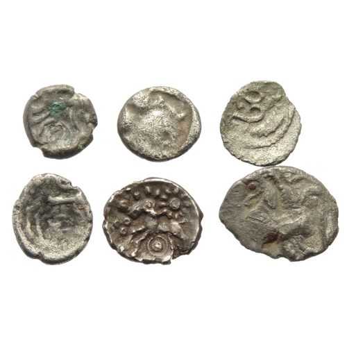 142 - Celtic silver unit group (6). Largest 16mm. Circa 100-20 BC. Dobunni, Helvetii, Andecavi, Aedui and ... 