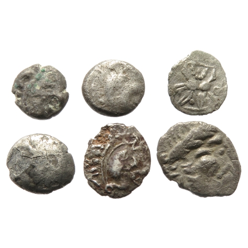 142 - Celtic silver unit group (6). Largest 16mm. Circa 100-20 BC. Dobunni, Helvetii, Andecavi, Aedui and ... 