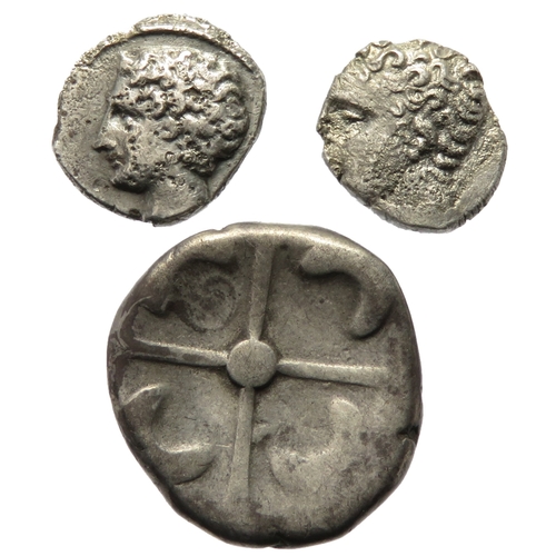 139 - Celtic Gaul silver coin group (3). Circa 150-100 BC. Largest 15mm, 3.4g. To include 2x Obol of Marse... 