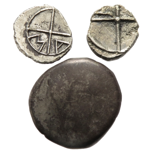 139 - Celtic Gaul silver coin group (3). Circa 150-100 BC. Largest 15mm, 3.4g. To include 2x Obol of Marse... 