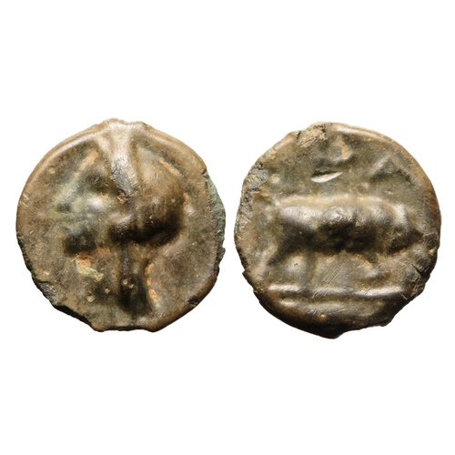 146 - Cantiaci Thurrock MA type potin c. 120BC - 100BC. Head of Apollo left. R. Bull butting left, MA abov... 