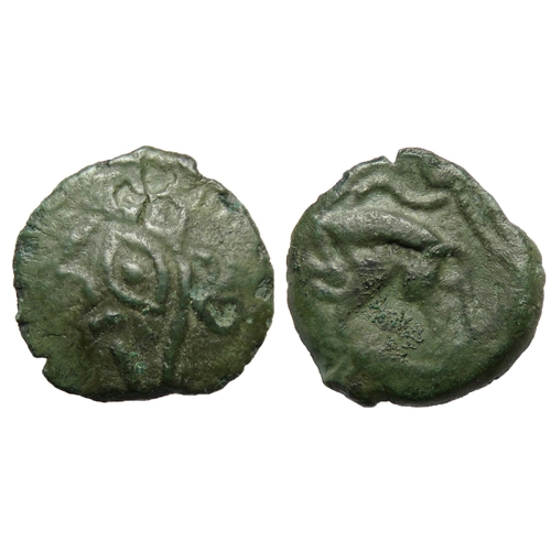 135 - Ambiani Unit. Circa 50 BC. Stylised head left, large eye and prominant nose; ringlets for hair. R. S... 