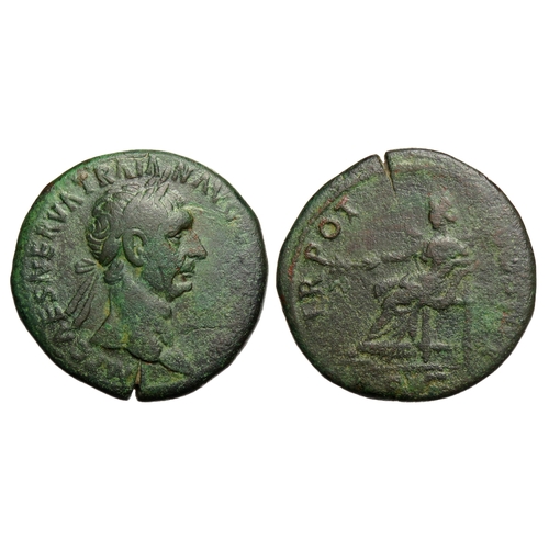 255 - Trajan Sestertius, 98-117 AD. Laureate bust right. R. TR POT COS II P P SC, Pax seated left. Copper-... 