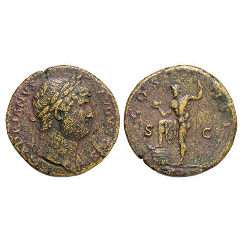 256 - Hadrian Sestertius, 117-138 AD. Neptune standing left, resting right leg on prow, holding trident an... 