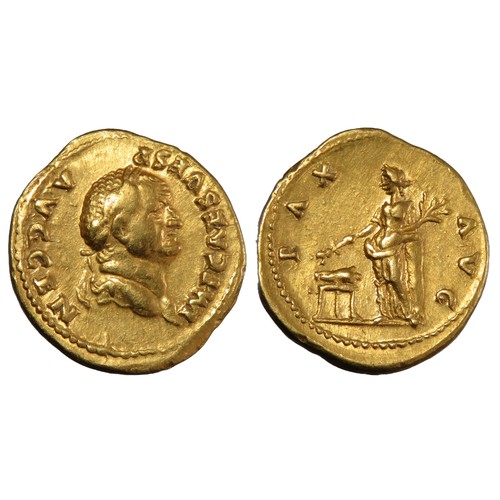 253 - Vespasian Aureus. 69-79 AD. Laureate bust right, IMP CAES VESP AVG CEN. R. PAX AVG, Pax standing lef... 