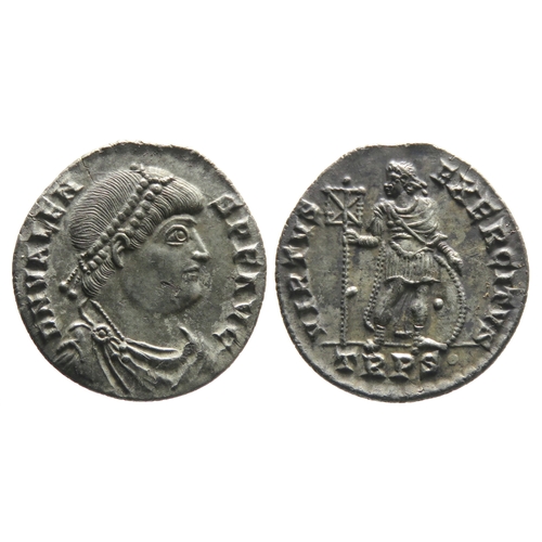 289 - Valens Miliarense. Trier, AD 367-375. Silver, 24mm. 4.36g. DN VALEN-S P F AVG, diademed, draped and ... 