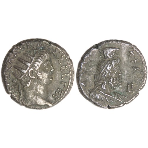 246 - Nero silver tetradrachm, circa 64–65 AD. Radiate head of Nero right. R. Draped bust of Sarapis right... 