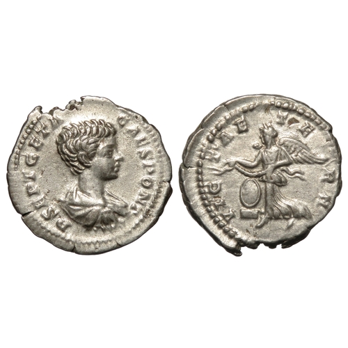 282 - Geta denarius. Rome, 200 AD. Silver, 20mm. 3.29g. Draped bust right, P SEPT GETA CAES PONT. R. VICT ... 