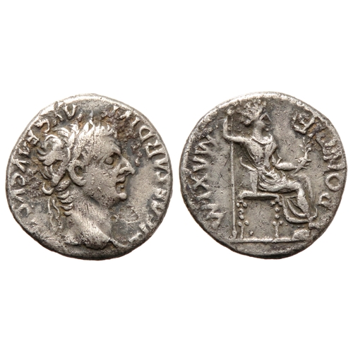 239 - Tiberius denarius. Lugdunum, 15-16 AD. Silver, 18mm. 3.47g. Laureate bust right, TI CAESAR DIVI AVG ... 