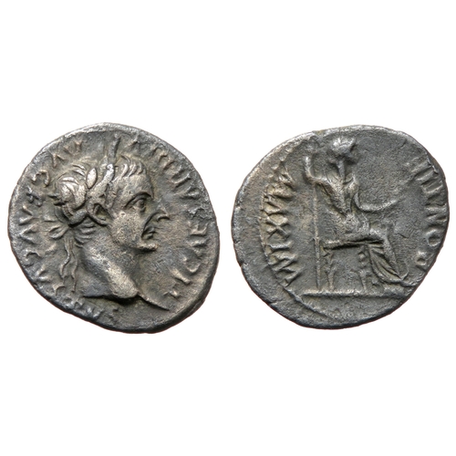 240 - Tiberius denarius. Lugdunum, 15-16 AD. Silver, 20mm. 3.32g. Laureate bust right, TI CAESAR DIVI AVG ... 