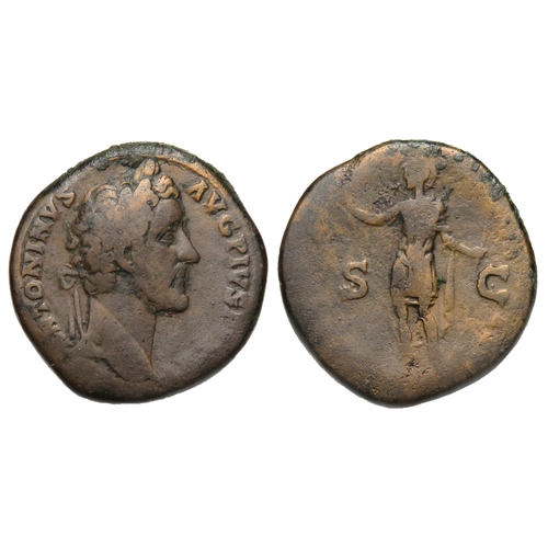 258 - Antoninus Pius sestertius. Rome, 150-60 AD. Brass, 32mm. 22.38g. Laureate bust right, ANTONINVS AVG ... 