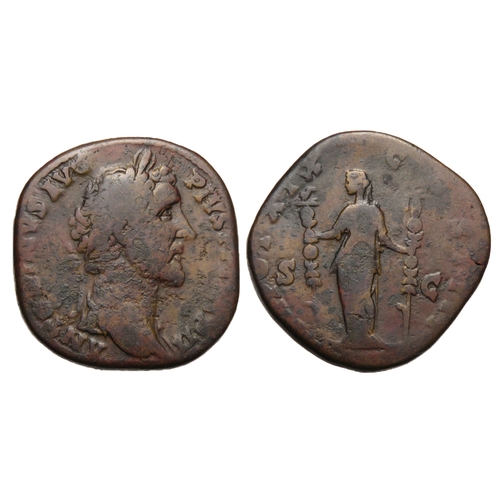 259 - Antoninus Pius sestertius. Rome, 155-6 AD. Brass, 32mm. 25.38g. Laureate bust right, ANTONINVS AVG P... 