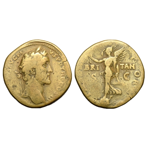 260 - Antoninus Pius sestertius. Rome, 143 AD. Brass, 33mm. 26.91g. Laureate bust right, ANTONINVS AVG PIV... 