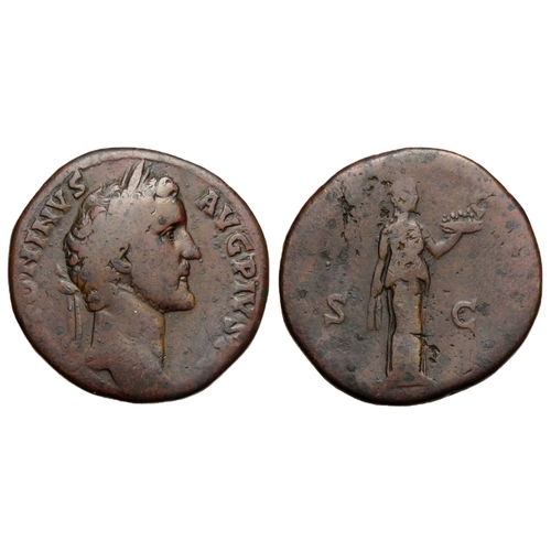 261 - Antoninus Pius sestertius. Brass, 32mm. 24.55g. Laureate bust right, ANTONINVS AVG PIVS P P. R. S C,... 