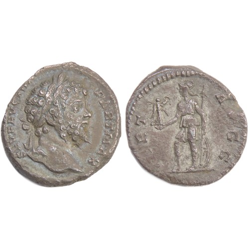 277 - Septimius Severus denarius. Rome, 200 AD. Silver, 2.46g. 19mm. Laureate bust right. R. VIRT AVGG, Vi... 