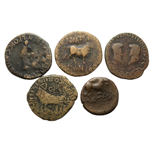 242 - Iberia AE As group (5). Circa 1st century AD. Imitations of Roman coins of Claudius and Augustus. Re... 