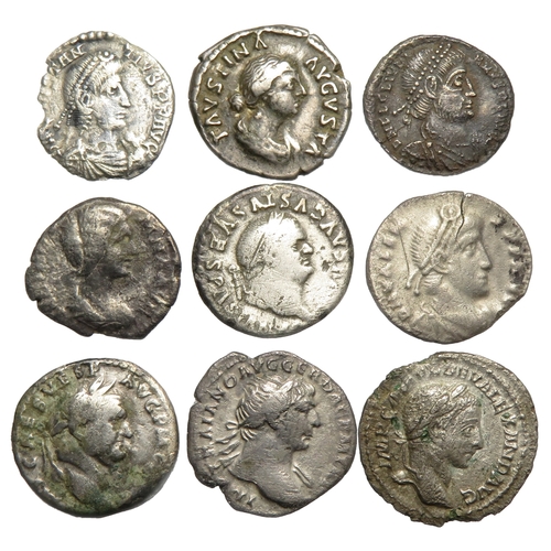 304 - Roman silver coin group (9).Vespasian, Trajan, Faustina II, Julia Domna, Severus Alexander, Julian I... 