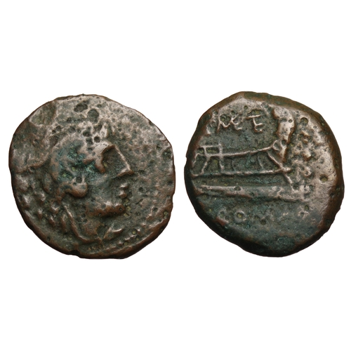 231 - C. Caecilius Metellus Caprarius Quadrans. Circa 125 B.C.  20mm, 5.27g. Head of Hercules right wearin... 