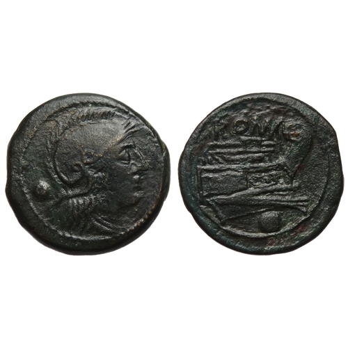 233 - Uncia, circa 217-215 B.C. Bronze, 8.51g. 22mm.Head of Roma in crested Attic helmet right, pellet beh... 