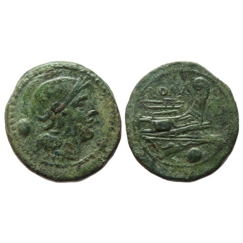 234 - Uncia, circa 217-215 B.C. Bronze, 8.14g. 23mm. Head of Roma in crested Attic helmet right, pellet be... 