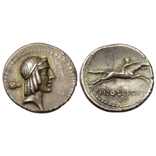 219 - C. Calpurnius L.f. Frugi. Denarius, 90 BC. Silver, 3.73g, 18mm. Laureate head of Apollo right, horse... 