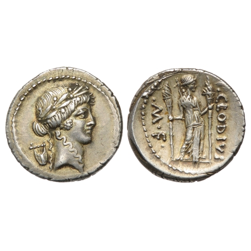 221 - P. Clodius M.f. Turrinus. Rome 42 BC. Denarius. Silver, 4.04g. 18mm. Laureate head of Apollo right, ... 