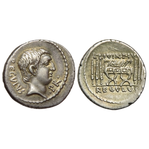 222 - L. Livineius Regulus denarius, 42 BC. Rome mint. Bare head of the praetor L. Livineius Regulus right... 