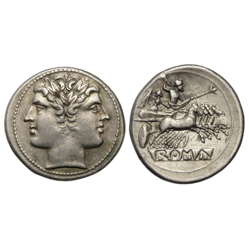 223 - Anonymous. Quadrigatus, 225-212 BC. Quadrigatus-Didrachm. Silver, 6.65g. 23.5mm. Laureate, Janiform ... 