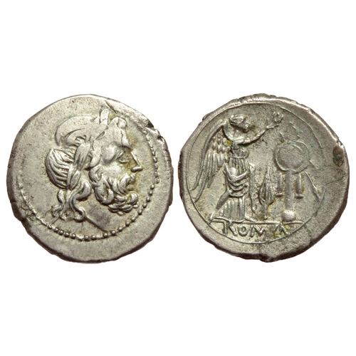 224 - Anonymous Victoriatus. Circa 211-208 BC, uncertain mint in Sicily. Silver, 3.04g. 18mm. Laureate hea... 