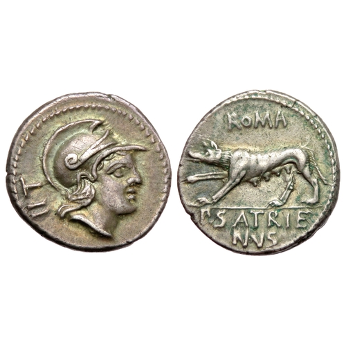 226 - P. Satrienus denarius, 77 BC. Rome. Silver, 3.79g. 19mm. Head of Roma right, wearing crested helmet;... 