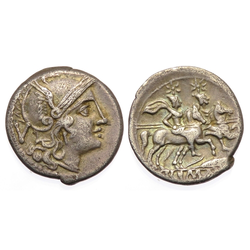 188 - Republican Quinarius, Sicily, 211-210 BC. Silver, 1.88g. 14mm. Helmeted head of Roma right. R. The D... 