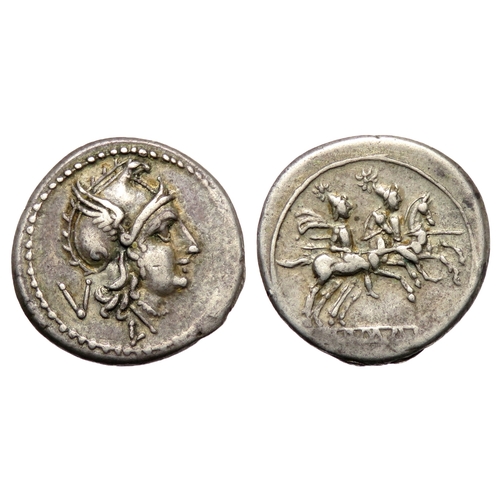 189 - Republican Quinarius, Luceria. 211 BC-210 BC. Head of Roma right, wearing Phrygian helmet, V behind.... 