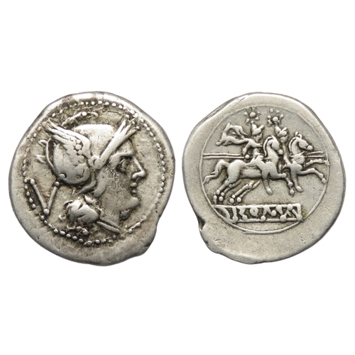 190 - Republican Quinarius, Luceria. 211 BC-210 BC. Head of Roma right, wearing Phrygian helmet, V behind.... 