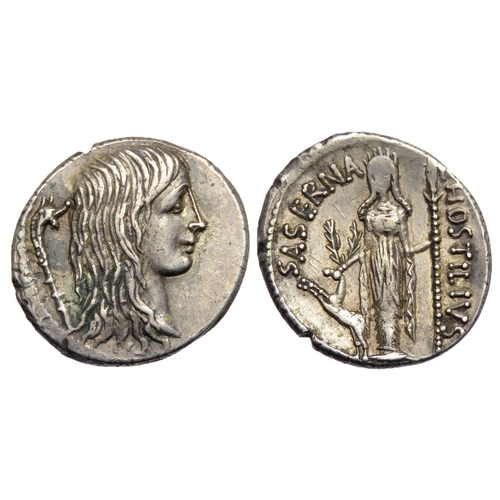 227 - Moneyer issues of Imperatorial Rome. L. Hostilius Saserna. 48 BC. Denarius, Rome mint. Bare head of ... 