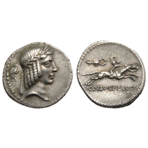 228 - C. Calpurnius L.f. Frugi. Denarius 90 BC. Laureate head of Apollo right, hair bound with fillet; flo... 