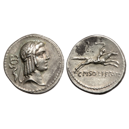 229 - C. Calpurnius L.f. Frugi. Denarius, 90 BC. Laureate head of Apollo right, hair bound with fillet; ca... 