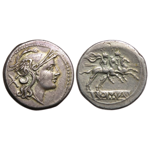 192 - Roman Republic. Denarius, 211-206 BC. Helmeted head of Roma right, X behind. R. the Dioscuri on hors... 