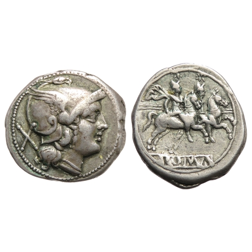 193 - Roman Republic. Denarius, 211-206 BC. Helmeted head of Roma right, X behind. R. the Dioscuri on hors... 