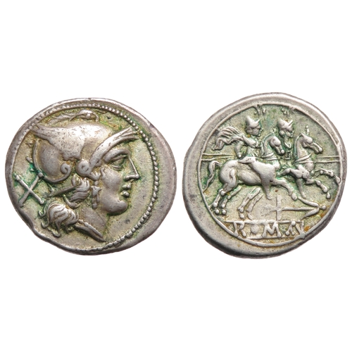 194 - Roman Republic. Denarius, 211-206 BC. Helmeted head of Roma right, X behind. R. the Dioscuri on hors... 