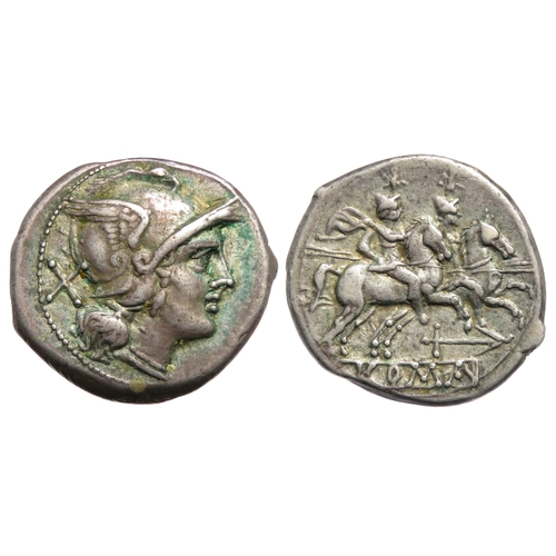 195 - Roman Republic. Denarius, 211-206 BC. Helmeted head of Roma right, X behind. R. the Dioscuri on hors... 