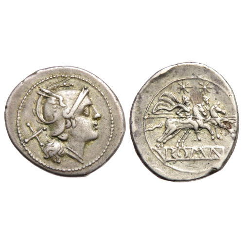 196 - Roman Republic. Denarius, 211-206 BC. Helmeted head of Roma right, X behind. R. the Dioscuri on hors... 