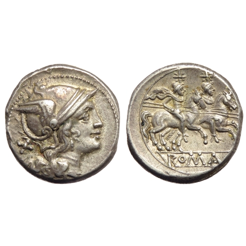 197 - Roman Republic. Denarius, 211-206 BC. Helmeted head of Roma right, X behind. R. the Dioscuri on hors... 