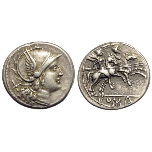 199 - Roman Republic. Denarius, 211-206 BC. Helmeted head of Roma right, X behind. R. the Dioscuri on hors... 